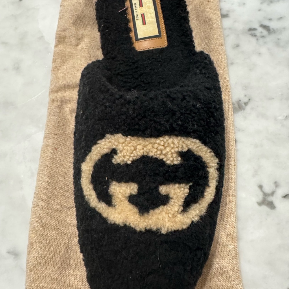 Gucci Black Fuzzy Slip-On Mules with Tan Leather Soles - Picture 3 of 7